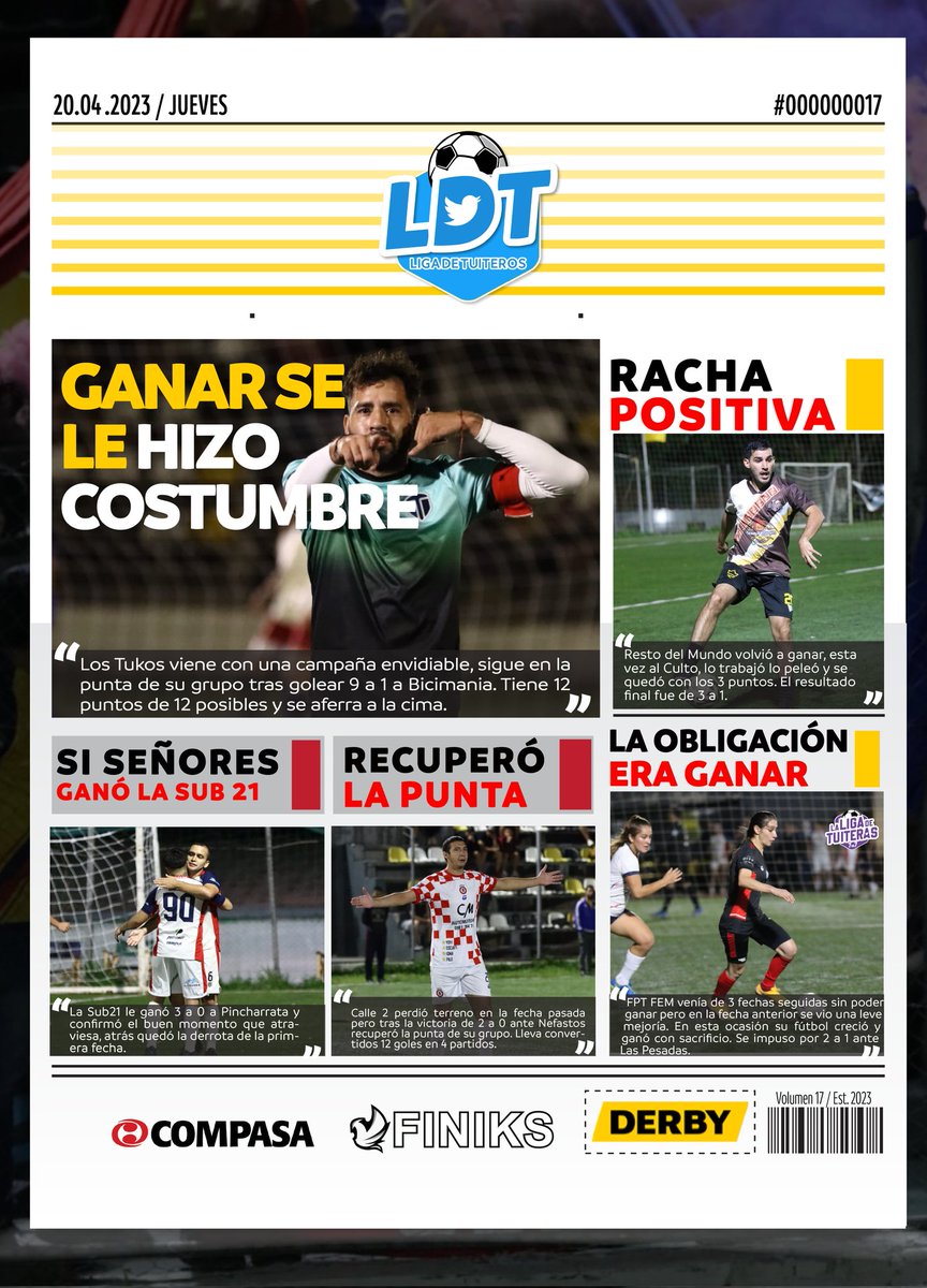 #LaTapa 🗞 | Estos son los títulos principales de la edición número 17 de nuestras portadas semanales.

Se destaca la goleada de <a href="/lostukos/">Los Tukos 🇨🇴</a> que le sirve para afianzarse en la punta de su grupo.

#UnaLigaMásGrande