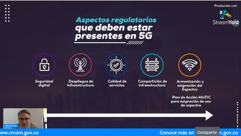 CRCCol's tweet image. &quot;Los 5 aspectos que deben estar presentes en #5G son:
1. Seguridad 
2. Despliegue de infraestructura
3. Calidad de los Servicios
4. Compartición de Infraestructura
5. Armonización y asignación de espectro&quot;: Miguel Durán #ISWTalks