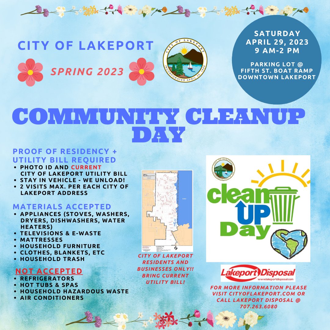 CityofLakeport's tweet photo. Mark your calendars! Lakeport's Spring 2023 Community Cleanup Day is happening on Saturday 4/29 between 9AM and 2PM in the parking lot near the Fifth Street boat ramp in downtown #LakeportCA. This event is for City of Lakeport residents only! #CleanUpDay #Lakeport https://t.co/MTAmdiOV4G