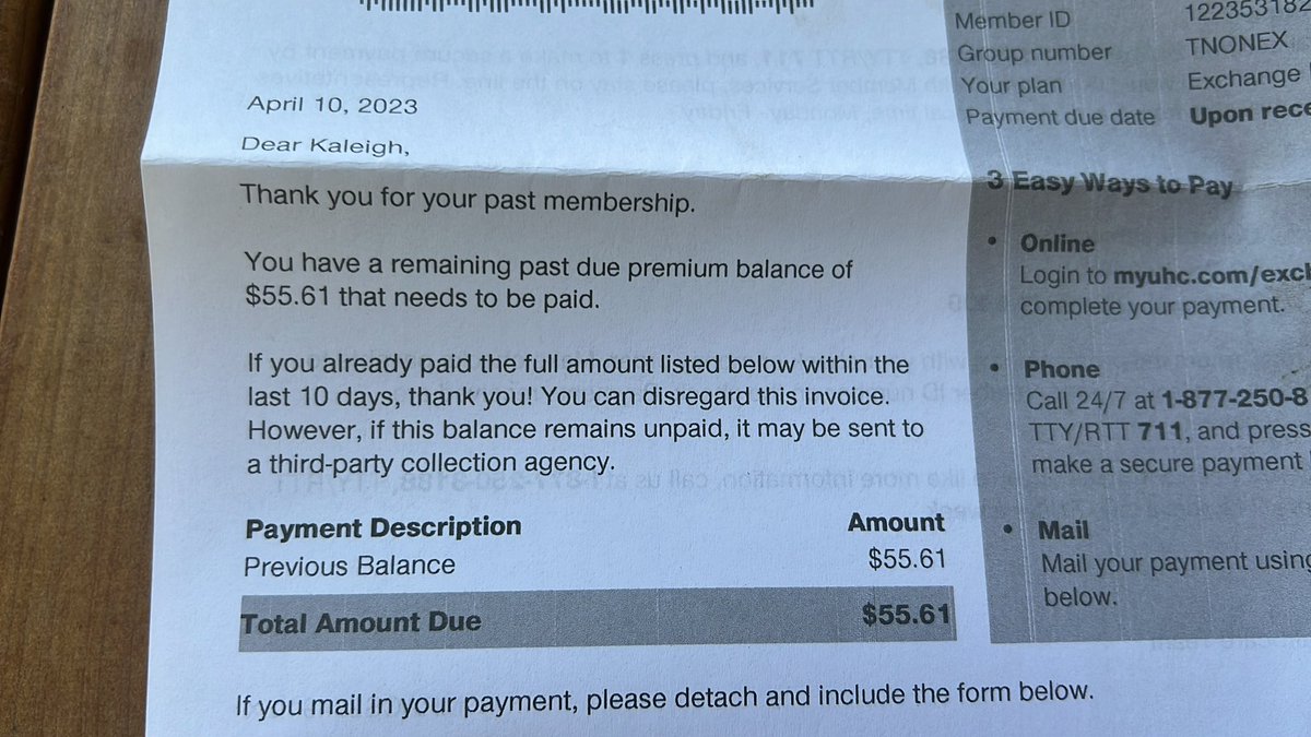 thekaleightodd's tweet photo. @UHC @askUHC @UHC_EH y’all hard up for cash? Is this your business strategy? Why am I getting repeated letters for $55.61 that you told my broker was a tech issue? This will be my third letter. Do I need to let my local news stations know about this? I’m sure I’m not the only one https://t.co/MlwfT4PkGU