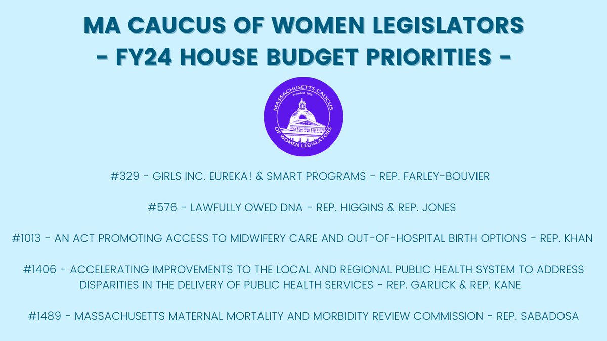 MAWomensCaucus's tweet photo. 📣We look forward to supporting our 5 priority amendments to the House FY24 Budget. The selection process was led by our State Budget Task Force (@mciccolo/@CindyFriedmanMA) &amp; Caucus Chairs (@HannahEKaneMA/@SenJoanLovely). These amendments support our existing priorities. #mapoli https://t.co/OQVazIhWl7