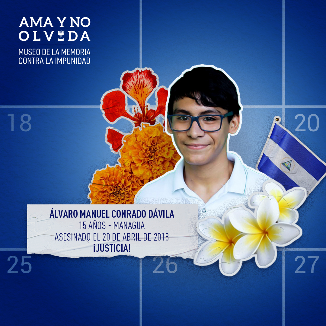🕯️💙🖤  Álvaro Manuel Conrado Dávila fue asesinado en Managua el 20 de abril de 2018. Tenía 15 años, era estudiante y miembro del equipo de atletismo del Colegio Loyola🕯️💙🖤"Defendía sus ideales y ayudaba a los compañeros que tenían dificultades para que salieran bien en clase.