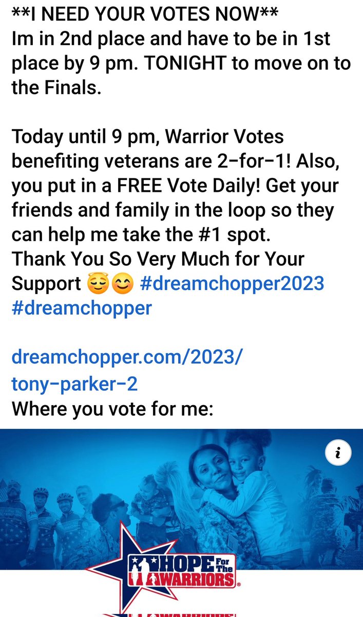 UnpacifdApptite's tweet photo. * I NEED YOUR VOTE NOW *
https://t.co/pMa5PYWokn 
#dreamchopper2023 #dreamchopper https://t.co/VQAgPngIYu