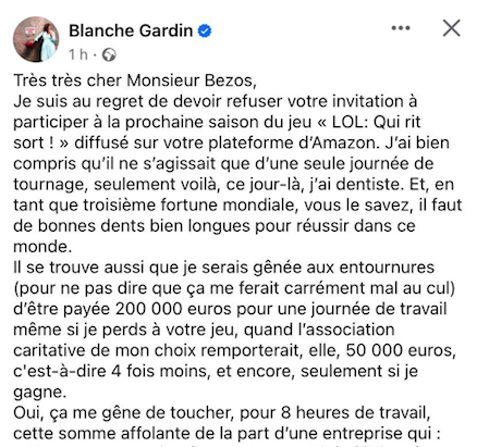 sergeJONCOUR's tweet photo. Manière assez peu confraternelle, et encore moins élégante, de balancer les émoluments de ses copains de jeu... 
Refuser avec autant d'ostentation, relève de la posture. 
 #BlancheGardin https://t.co/5mQJGh6CyQ