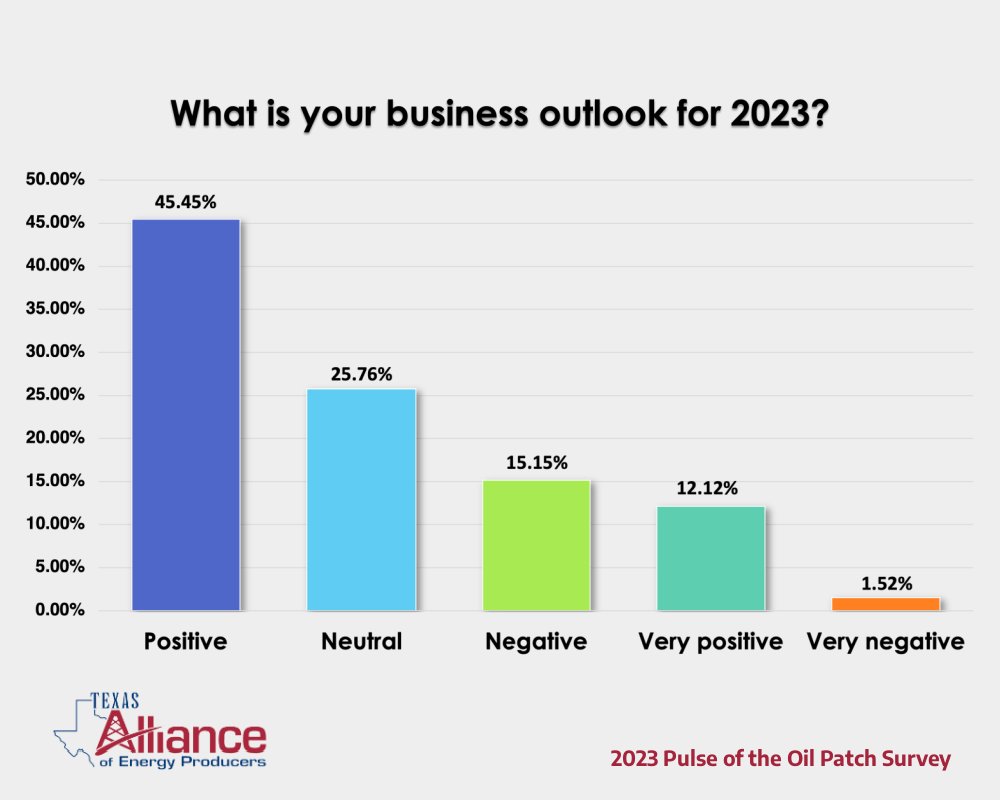 TexasAllianceEP's tweet photo. Our 2023 survey revealed that #oil &amp; #gas pros are more positive about their business outlooks year over year:
· Positive or very positive: 58% (51% in 2022)
· Neutral: 26% (20% in 2022)
· Negative or very negative: 17% (29% in 2022)

https://t.co/6m1YShUOUv

#energy #oilandgas https://t.co/COjo5wbkud