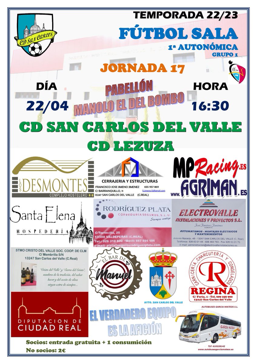 Jornada 17| Penúltima jornada y último partido de la temporada en casa para el CD San Carlos. Será frente a CD Lezuza el próximo sábado a las 16:30h, en el pabellón Manolo el del Bombo.