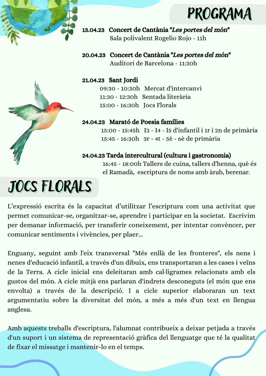 fontdelroure's tweet photo. Demà serà un dia ple d’actes de l’XI setmana literària. No us perdeu l’acte de lliurament dels premis dels Jocs Florals,amb actuacions en directe del ball de bastons dels alumnes de CS, sardanes dels grups de CM i l’actuació dels alumnes de 5è amb la Cantània “Les portes del món” https://t.co/o0ubk6S2iu