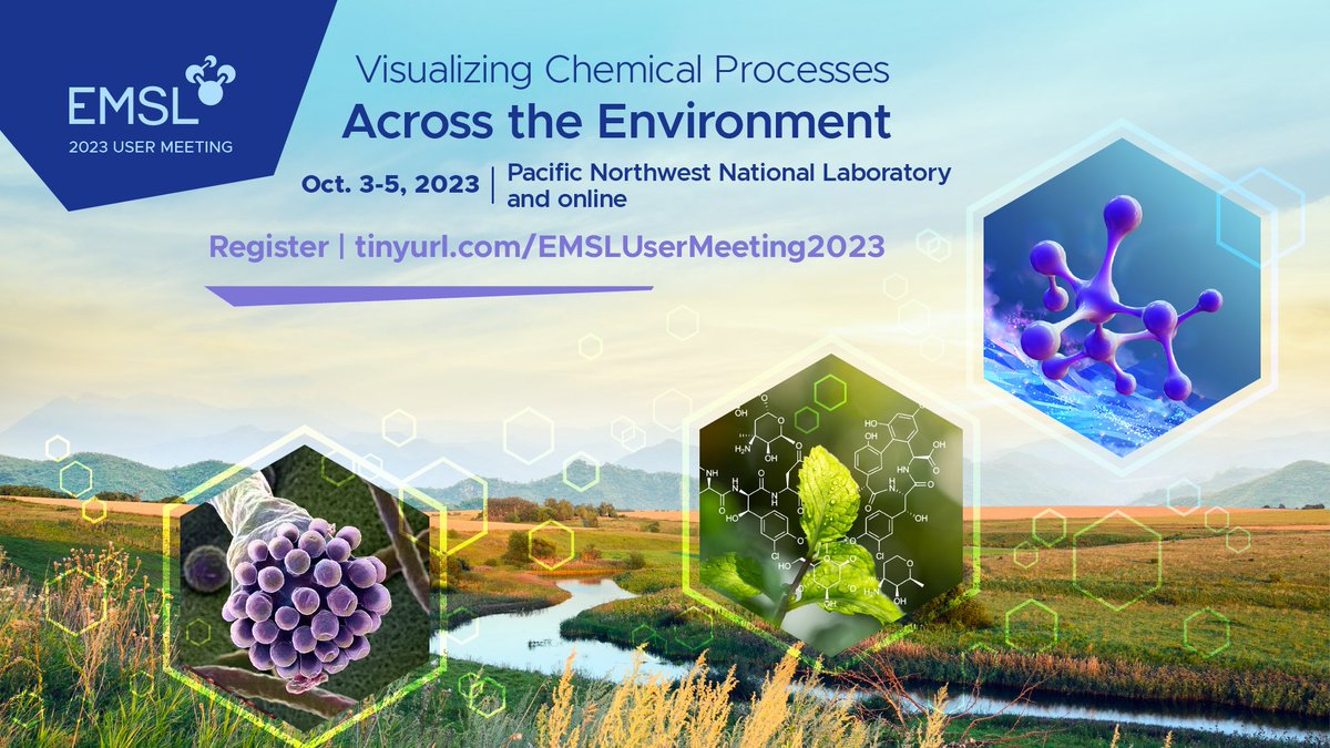 EMSLscience's tweet photo. Register now to attend the EMSL User Meeting, formerly EMSL Integration, in person at @PNNLab or online. This year's theme is "Visualizing Chemical Processes Across the Environment." Register: https://t.co/DCmrS59Kas 
@doescience @SSURFacilities @JGI @NEON_sci @MicrobiomeData https://t.co/puEvYjk1H5