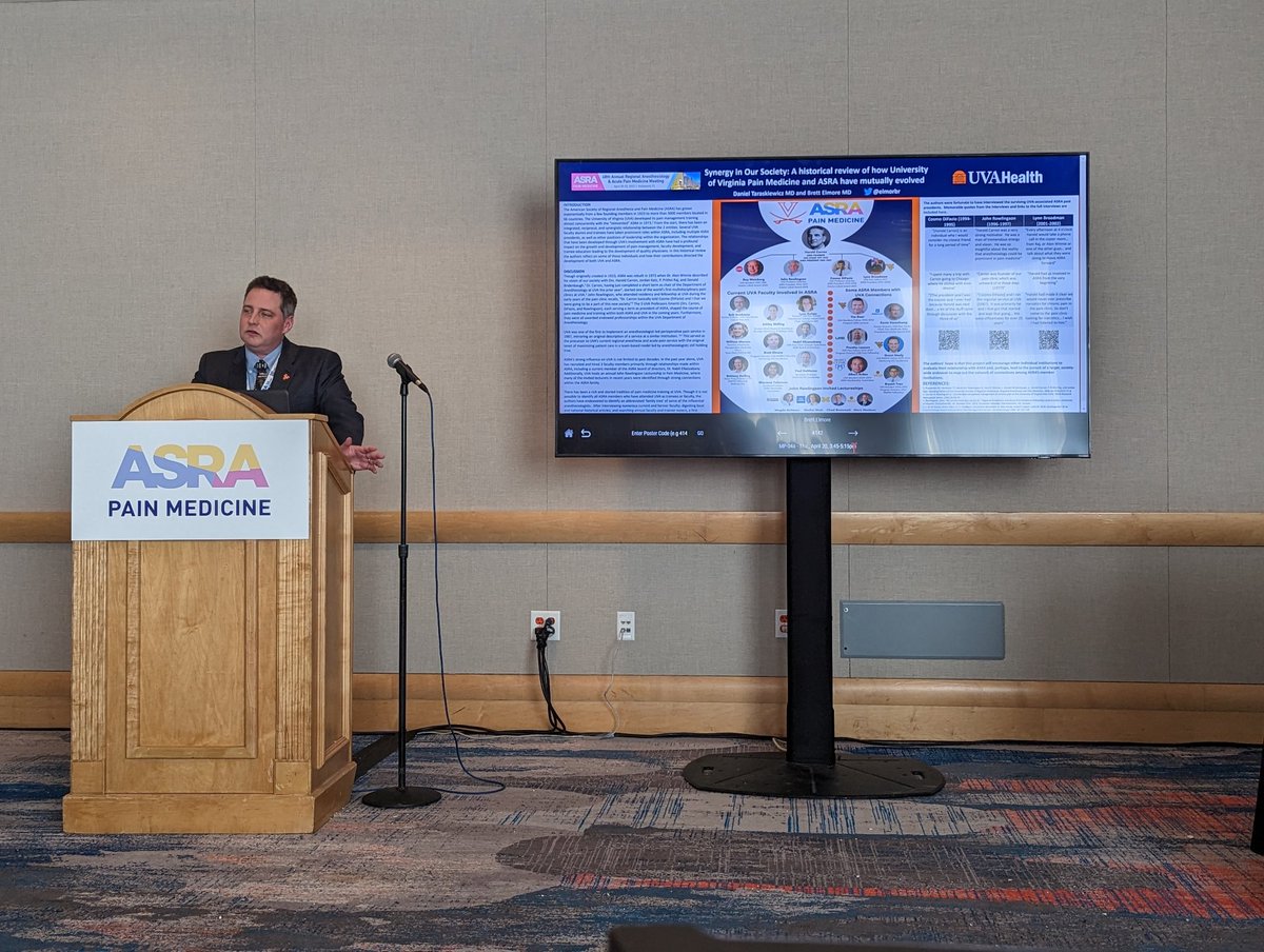 Our current fellow Dr. Daniel Taraskiewicz presenting about the storied &amp; intertwined history of <a href="/UVaAnesthesia/">UVA Anesthesiology</a> and @asra at #ASRA100 #ASRASpring23. If you're at the meeting, ask us about UVA! <a href="/nelkassabany/">Nabil Elkassabany MD MBA MSCE</a> <a href="/elmorbr/">Brett Elmore, MD</a> @WilliamMansonMD <a href="/MattThames1/">Matt Thames</a> <a href="/M_Cirullo/">Michael Cirullo, DO</a> <a href="/DominicjoseMD/">Dominic Jose, MD</a>