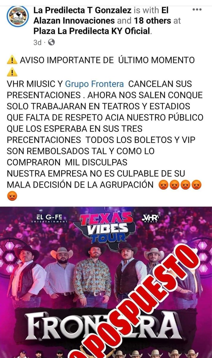 yazztrevi's tweet photo. ¿CIERTO O FALSO?
Que la fama se les subió a la cabeza #GrupoFrontera 
Empresarios molestos en redes por la presunta cancelación del grupo en recintos pequeños como bares, ferias, bailes estos lugares ya no están a su nivel. Están en busca de estadios, palenques o recintos grandes https://t.co/OpAmic5A17