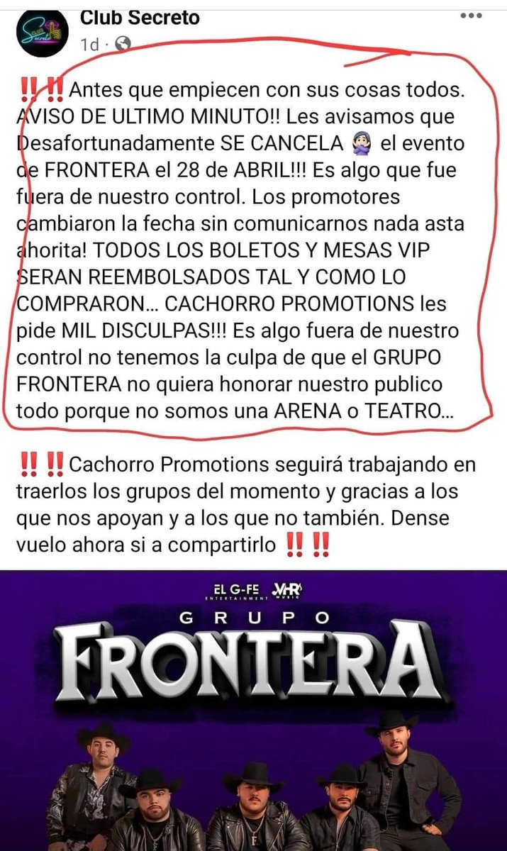 yazztrevi's tweet photo. ¿CIERTO O FALSO?
Que la fama se les subió a la cabeza #GrupoFrontera 
Empresarios molestos en redes por la presunta cancelación del grupo en recintos pequeños como bares, ferias, bailes estos lugares ya no están a su nivel. Están en busca de estadios, palenques o recintos grandes https://t.co/OpAmic5A17