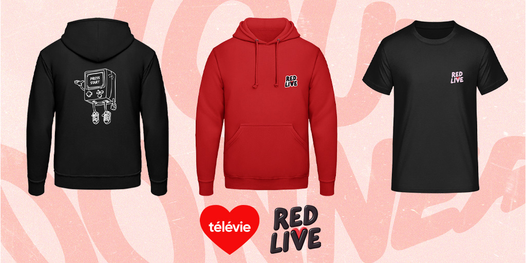 On vous avait promis du lourd… Et on vous dévoile la boutique en ligne du #RedLive 💥 Vous pouvez acheter dès maintenant les hoodies et t-shirts de l’évènement au profit du <a href="/televie/">Rosee</a> 👕❤️ redlive.be