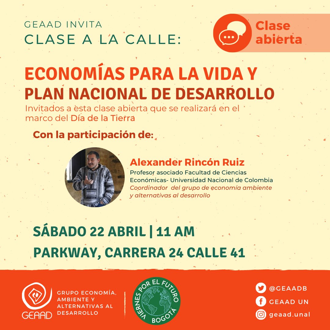 Invitamos a todxs a esta clase a la calle en el marco del #DiaDeLaTierra2023 🌿donde abordaremos los temas de Economías para la vida y PND, contaremos con la participación de <a href="/AlexRisvid/">Alexander Rincon</a> el actual coordinador de Geaad! 🤗 
¡Allá nos vemos!