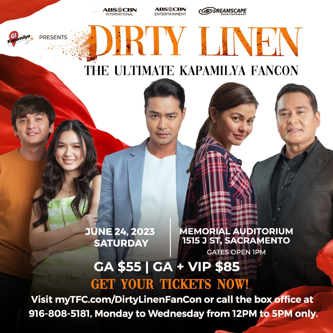 ABSCBN's tweet photo. Mga Kapamilya sa US! Handa na ba kayo? Sa kauna-unahang pagkakataon, makakasama mo na ang paborito mong cast ng hit series, Dirty Linen. Limited tickets are selling fast! Kaya wag na pahuhuli! Visit https://t.co/duE3sUzzOW to get your tickets!

#DLFanConUS https://t.co/zHWJm13KsD