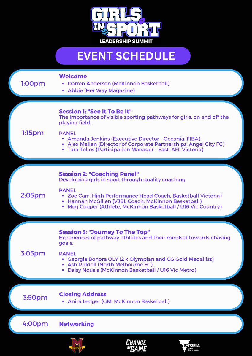 DarrenAndo_'s tweet image. The final event schedule for the 'Girls in Sport Leadership Summit' is locked!🔒

Still spots available if you want to grab a FREE ticket and join us in south-east Melbourne on Sunday @ girlsinsport.com.au

@McKinnonBBall living our mantra to be 'Moving the Game Forward'.