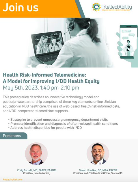 ReplacingRisk's tweet photo. We are thrilled to be a sponsor for the @AADMD conference in Denver, CO (5/4-5/7). On May 5th, Craig Escude, MD, FAAFP, FAADM and @StationMD's Deven Unadkat, DO, MPA, FACEP will present on Health Risk-Informed Telemedicine.
#developmentaldisabilites #IDD #telemedicine https://t.co/zeAAGRKOQ7