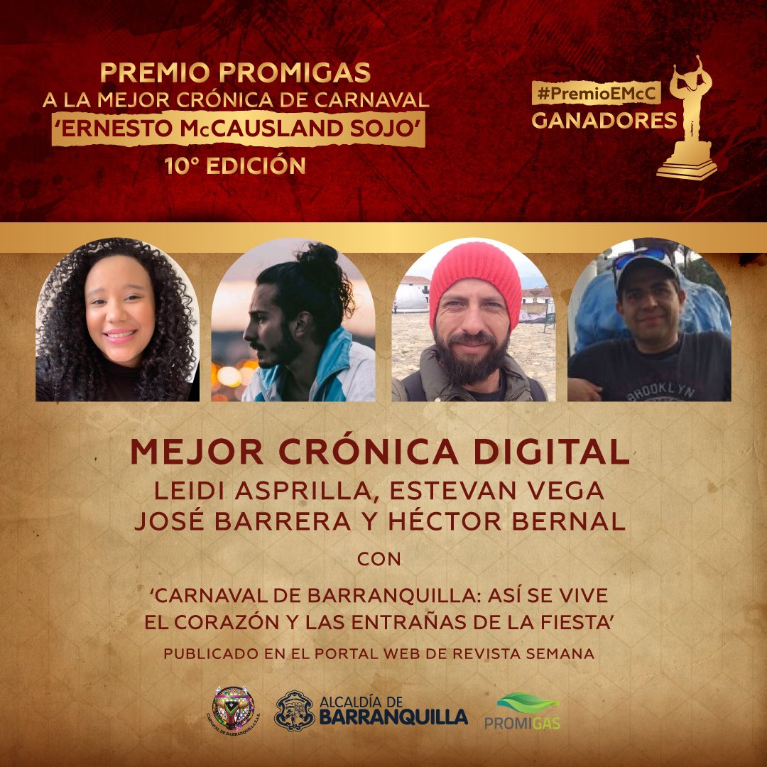 Carnaval_SA's tweet photo. Nuestra estatuilla a la ‘Mejor Crónica Digital’ del #PremioEMcC es para “El Carnaval de Barranquilla: así se vive el corazón y las entrañas de la Fiesta’ escrita por Leidi Asprilla, Estevan Vega, José Barrera y Héctor Bernal, publicada en la web @RevistaSemana. 

¡Felicitaciones! https://t.co/7hdHxLA17Z