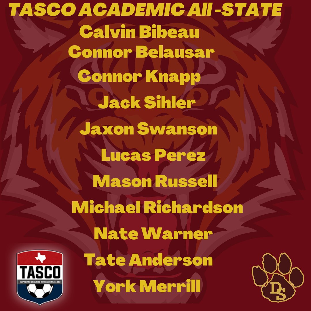 DSsoccerbooster's tweet photo. Congratulations to our Men's Varsity Soccer athletes who were named to the TASCO Academic All-State team!!
@DSISD @OneTigerNation @myDSHSnews @DSSoccer_Boys @50_50Pod @LethalSoccer https://t.co/jkkorKY8r3