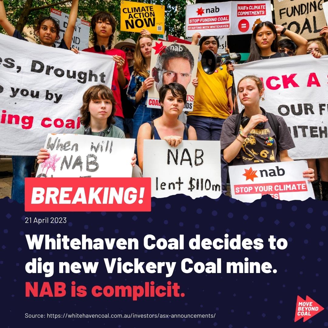 MoveBeyondCoal's tweet photo. BREAKING: Whitehaven Coal have announced they will commence construction of a smaller version of their Vickery open cut thermal coal mine in North West NSW in June. Tag @NAB and tell them they are complicit in climate-wrecking coal expansion. NAB must stop funding Whitehaven Coal https://t.co/3FuvBo85ql