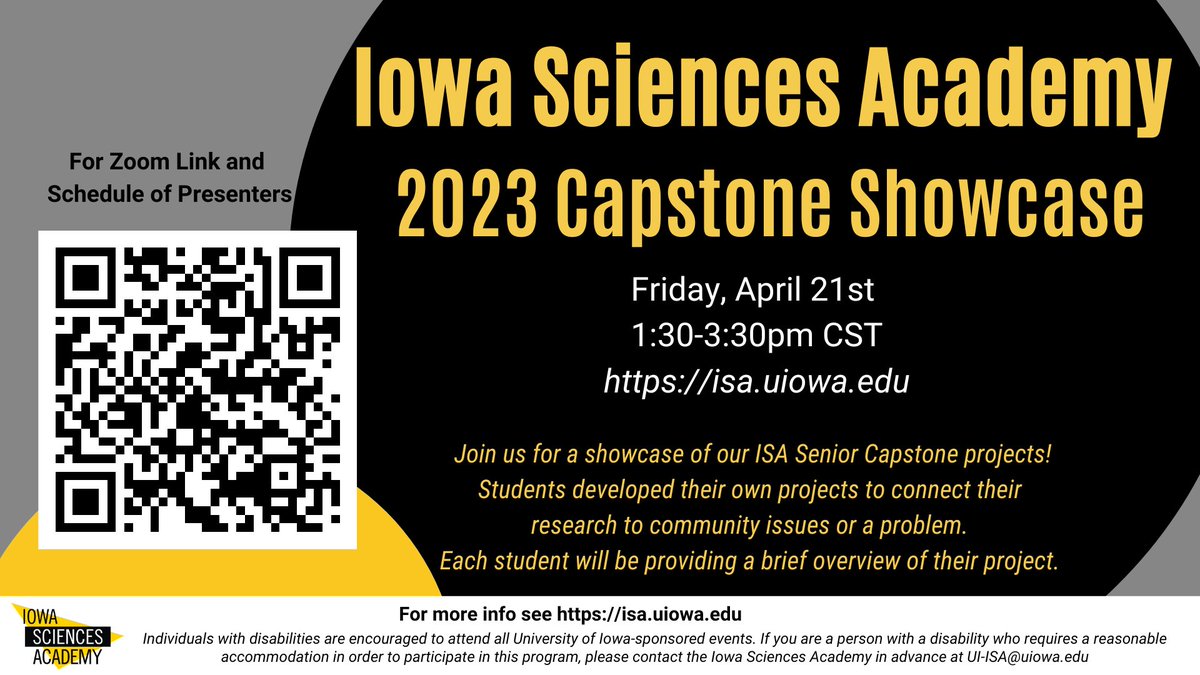 IowaSciAcademy's tweet photo. Join us Friday 4/21 from 1:30-3:30pm to catch our ISA Senior Capstone Showcase.  Virtual Event.  Zoom link and schedule of presentations can be found at  https://t.co/i5G5Ur9YWL.  Find out more about ISA opportunities for undergrad research https://t.co/CABYcgpk8f https://t.co/7abyo9EYTr
