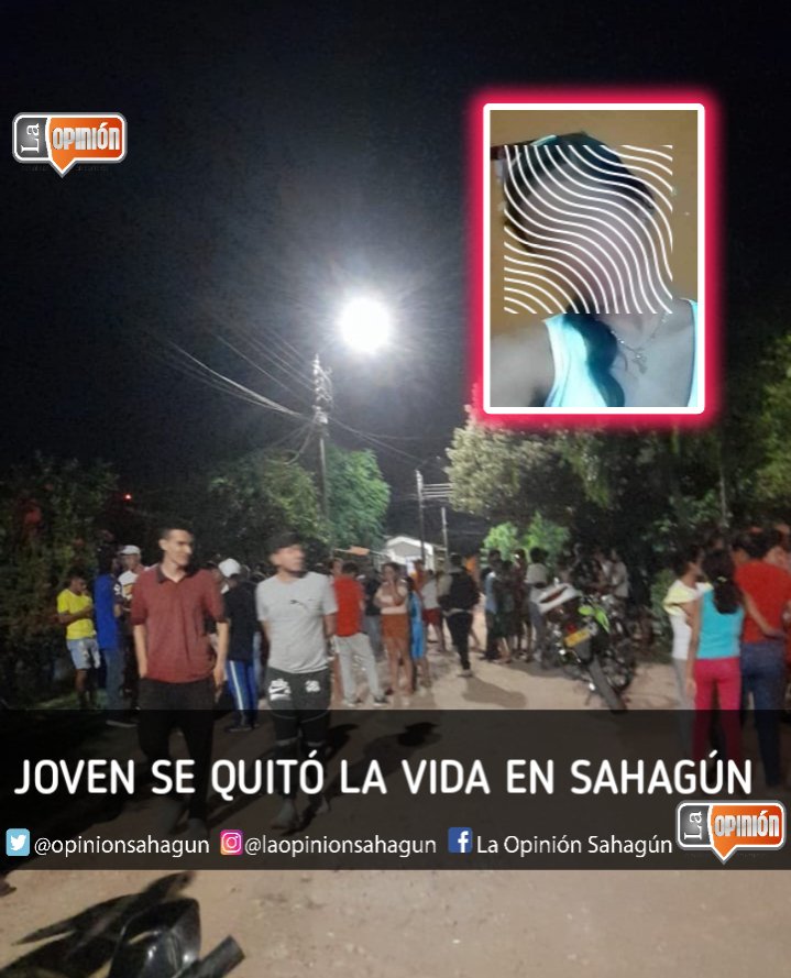 Joven acabó con su vida en Sahagún 

En horas de la noche de este jueves 20 de abril, una menor de 17 años identificada como Eliana Peña se suicidó en el municipio de Sahagún.
Este hecho se registró en el barrio San José.
facebook.com/10006367026832…
#Sahagún #Córdoba