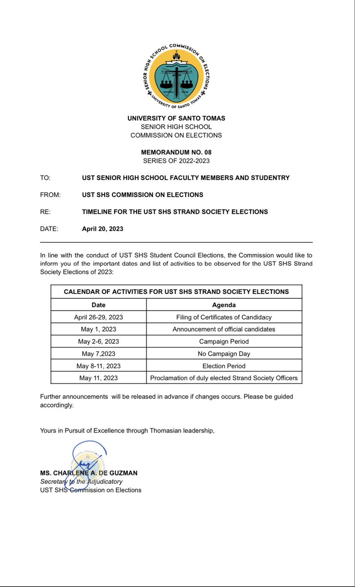 ustshscomelec's tweet photo. 📌 TIMELINE FOR THE UST SHS STRAND SOCIETY ELECTIONS

Memorandum No. 08
Series of 2022-2023 https://t.co/d8BfgLkA1c