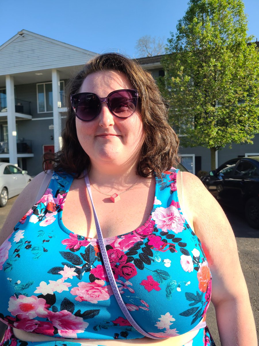 DokiMakesStuff's tweet photo. The beautiful and radiant @HeatherALewis20 wearing one of my keycap necklaces! The chain is rose gold with a magnetic clasp, The Recycled parts are the keycap and the jump ring for it. The cap comes from, well, a keyboard, and the jumpring is from a spring! https://t.co/jQ0aSSdcU7