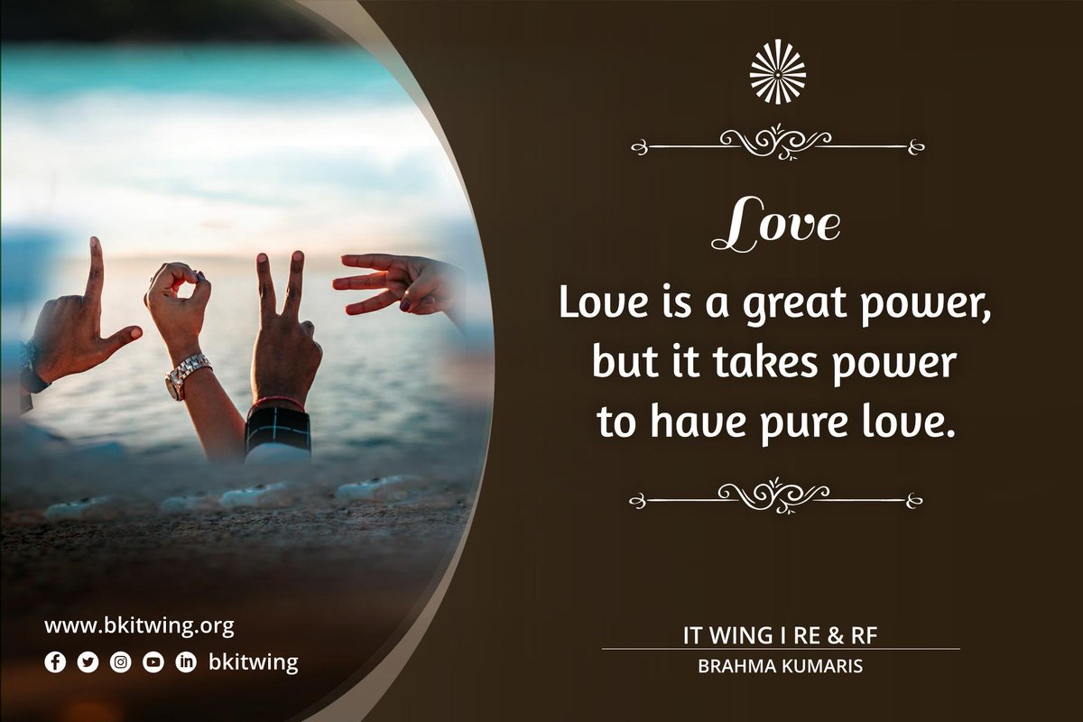 bkitwing's tweet photo. #Purity in #love means having pure #thoughts, #words, #feelings, etc while having unconditional #acceptance. #God's love is unconditional &amp; #pure. When we connect to supreme, we become receive his #powers which enables us to have pure love for everyone
#bkitwing #brahmakumaris https://t.co/ax3fPW90Uo