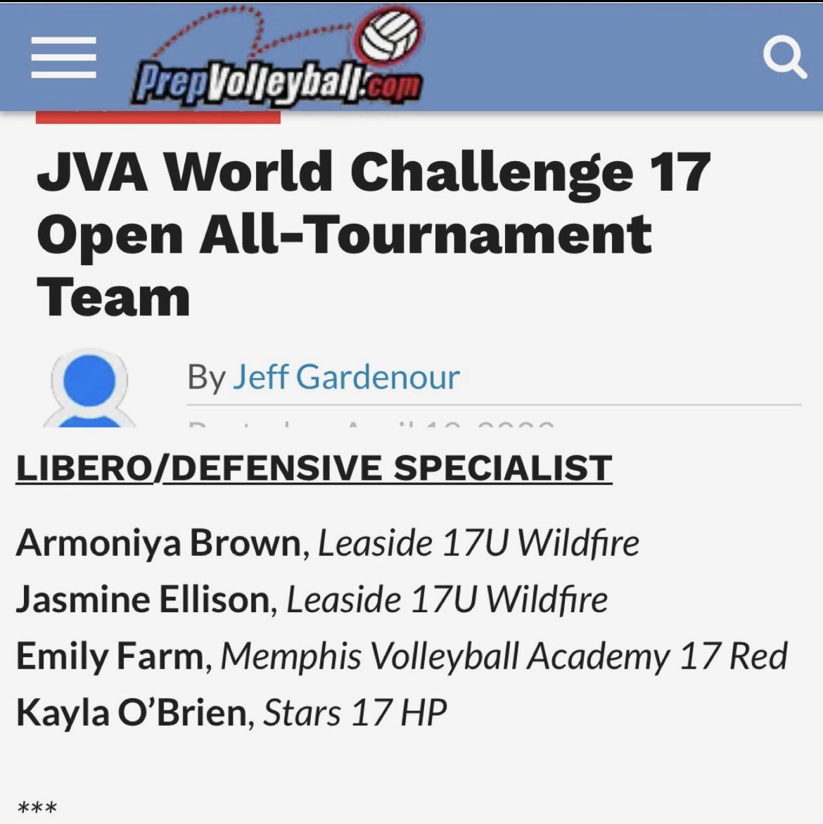 Thank you ⁦<a href="/PrepVolleyball/">PrepVolleyball.com</a>⁩ and Jeff Gardenour for selecting me to the JVA World Challenge 17 Open All-Tournament team this past weekend In Louisville KY! #BuiltDifferent #Stars17HP ⁦<a href="/DormanVB/">🏐DormanVB🏐</a>⁩ ⁦<a href="/RecruitStarsVB/">Stars VB Recruiting</a>⁩