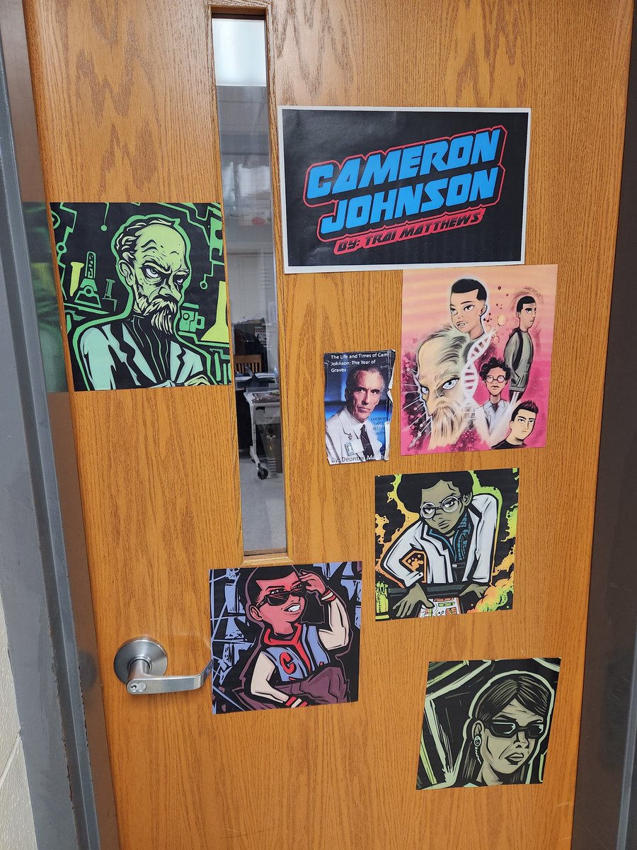 Trai_Matthews's tweet photo. A friend at work decorated my door with characters from my story while i was gone. My students say I'm teasing them and they're ready to buy it 🤣🤣🤷🏾‍♂️
 #CameronJohnson #YearOfGraves #writingcommunity   #BlackAuthors #ScienceFiction #BlackScienceFiction  #seekingrepresentation https://t.co/J2ppGSQ6JW