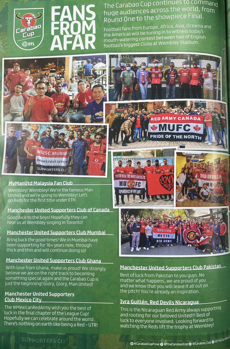 ManUtdMX's tweet photo. FANS FROM AFAR ❤️🇾🇪
En noticias agradables del día, por fin nos llegó el programa de la final de la @Carabao_Cup, en la cual salimos en la sección de aficionados del extranjero 🫡 

Nuestros amigos de @RedDevilsNicas también forman parte de esta edición 🤝 

#MUFC | #CarabaoCup https://t.co/621rOf0SnW