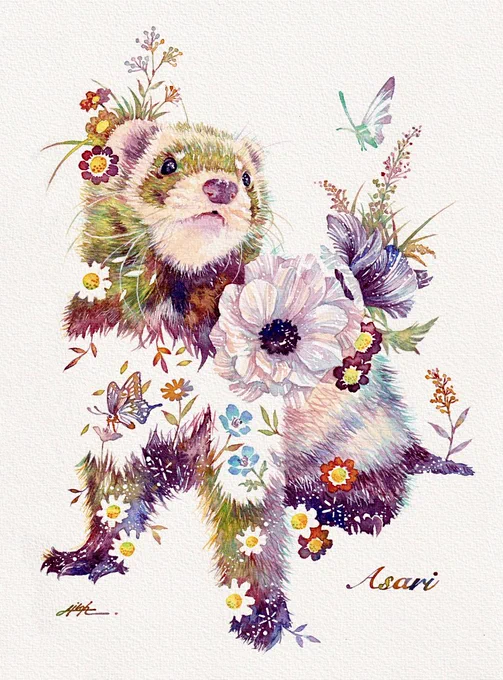 こんにちは!#フェレット #水彩 #花 #モンシロチョウ 