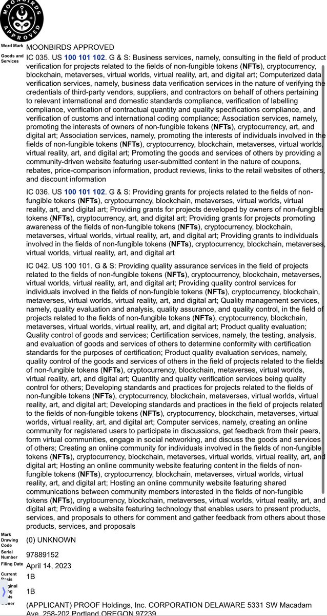 eliana_esq's tweet photo. New trademark application was filed by Proof Holdings (@moonbirds) for:

▫️consulting in the field of product verification for projects related to NFTs, cryptocurrency, blockchain, metaverses, virtual worlds, virtual reality, art, and digital art; 
▫️ data verification services, ▫️Association services, namely, promoting the interests of owners of NFTs, cryptocurrency, art, and digital art; 
▫️grants for projects involved in the fields of NFTs, cryptocurrency, blockchain, metaverses, virtual worlds, virtual reality, art, and digital art
▫️quality assurance services in the field of projects related to the fields o NFTs, cryptocurrency, blockchain, metaverses, virtual worlds, virtual reality, art, and digital art;
▫️Certification services,testing, analysis, Product quality evaluation services; and more