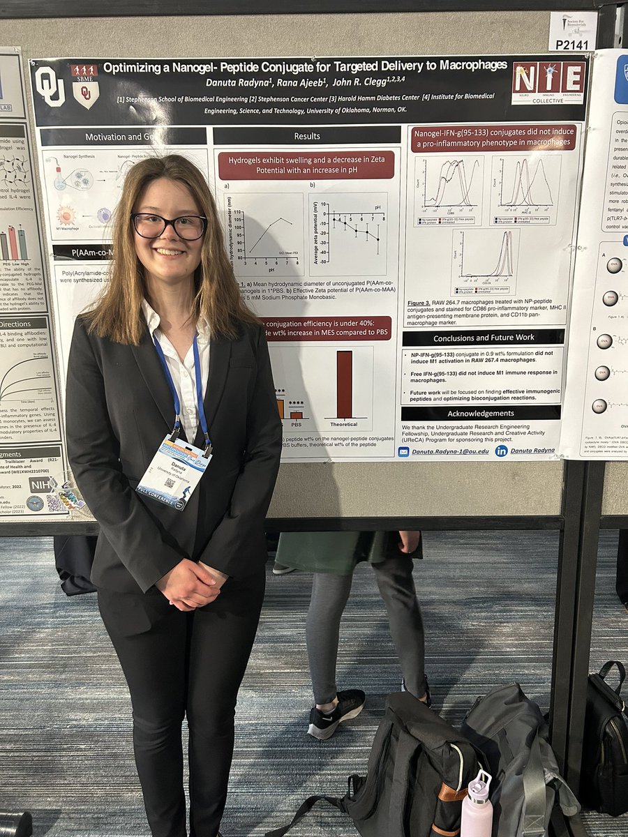 JohnRClegg's tweet photo. Great poster presentations @SFBiomaterials by BME undergraduate student Danuta Radyna and @sbme_ou PhD student Rana Ajeeb @RanaAjeeb on engineered nanogels! Very proud of their work and science communication! https://t.co/hZdCm2Vb2m