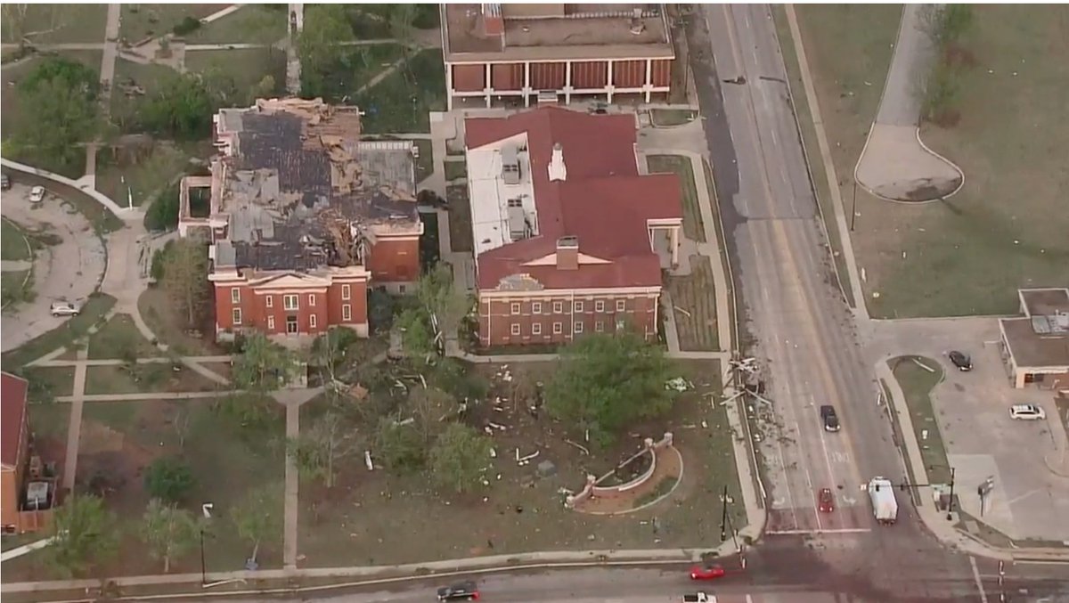 BaptHistoryOK's tweet photo. Pray for Oklahoma Baptist University as ther recover from storm damage. The oldest building on campus Shawnee Hall was hit as was the iconic Raley Chapel and others. OK Disaster Relief is already onthe scene. You can give to support repairs here. https://t.co/9Bepv81rb9 https://t.co/XGNWG3YSNy