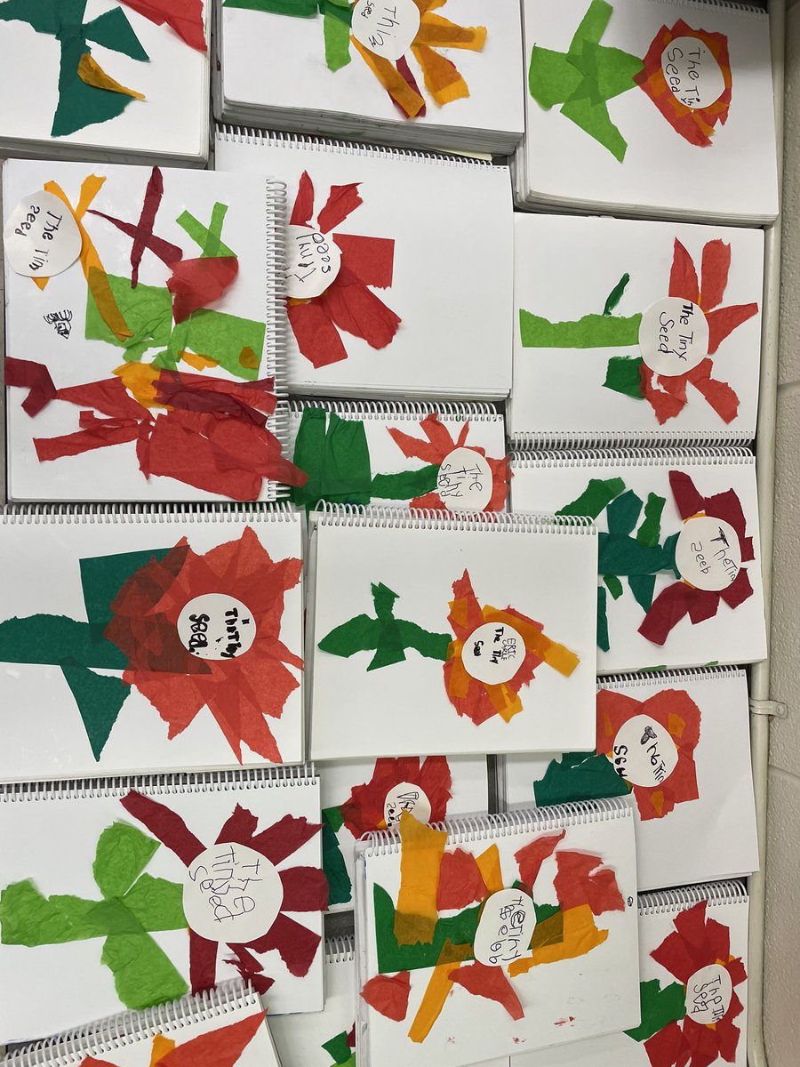 Weescientists's tweet photo. Inspired by Eric Carl and our own seeds, we practiced our paper layering to recreate the cover page of The Tiny Seed. #wearecbe @CBEArea3 @JSMelementary #kinderart #scienceart https://t.co/kJJ2ZqHaV3
