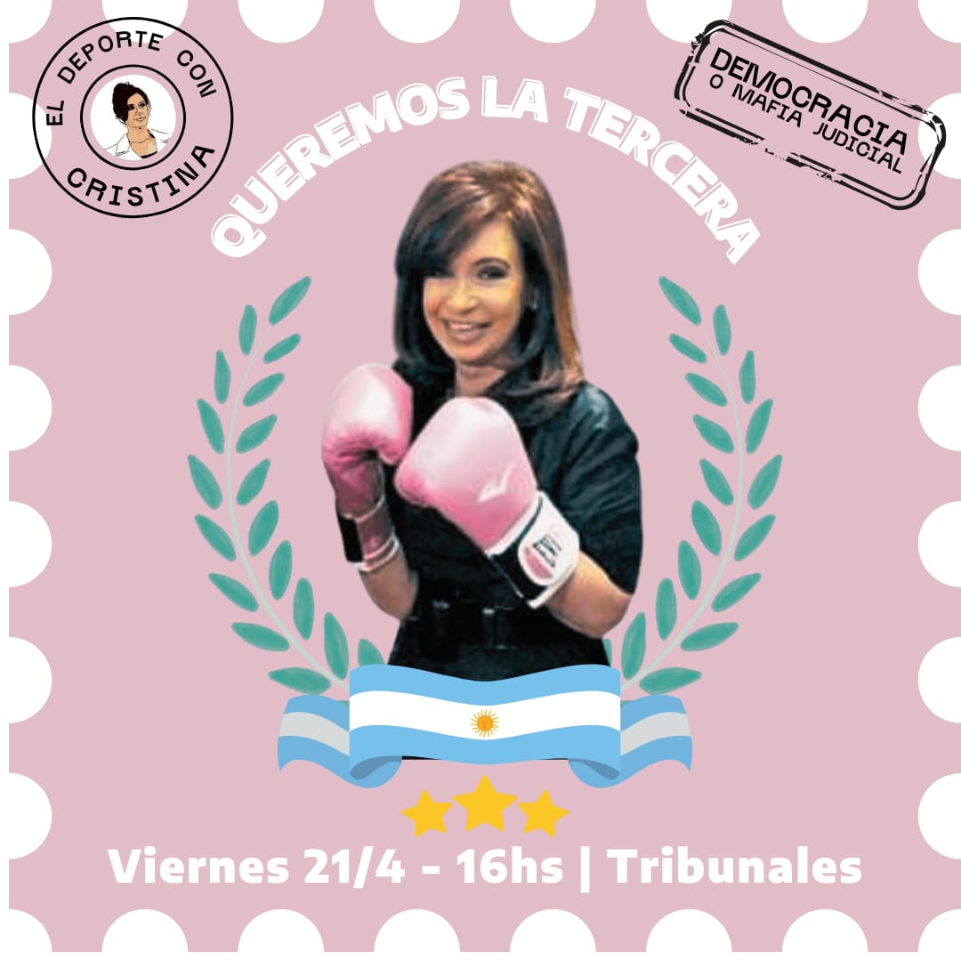 ElDepConCris's tweet photo. Mañana viernes 21 de abril todes a tribunales a partir de las 16 hs el deporte se junta para romper la proscripción. 

#ElDeporteConCristina https://t.co/j4MJ6eBcaF