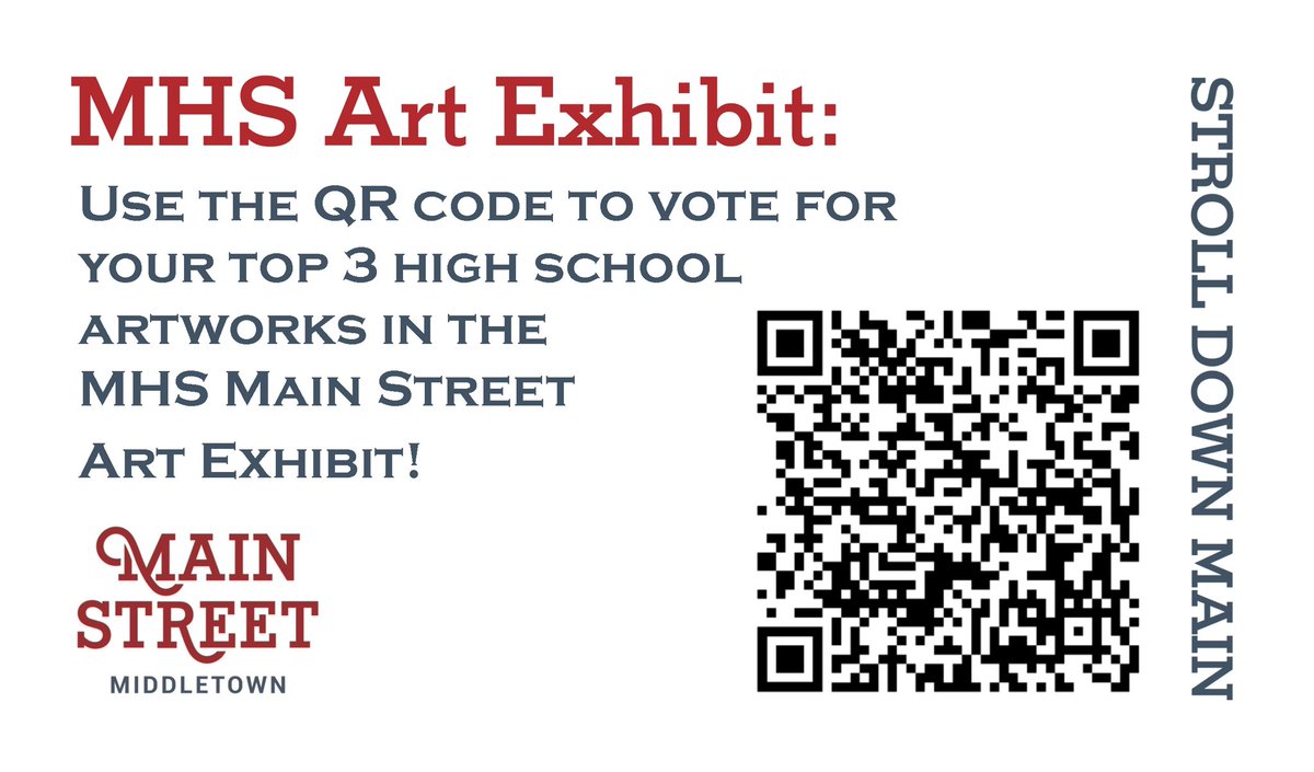 Check out our MHS Stroll Down Main Street Art Exhibition in the windows of businesses in downtown Middletown. Vote for your three favorite pieces at this link - tinyurl.com/MHS-Art-Exhibit