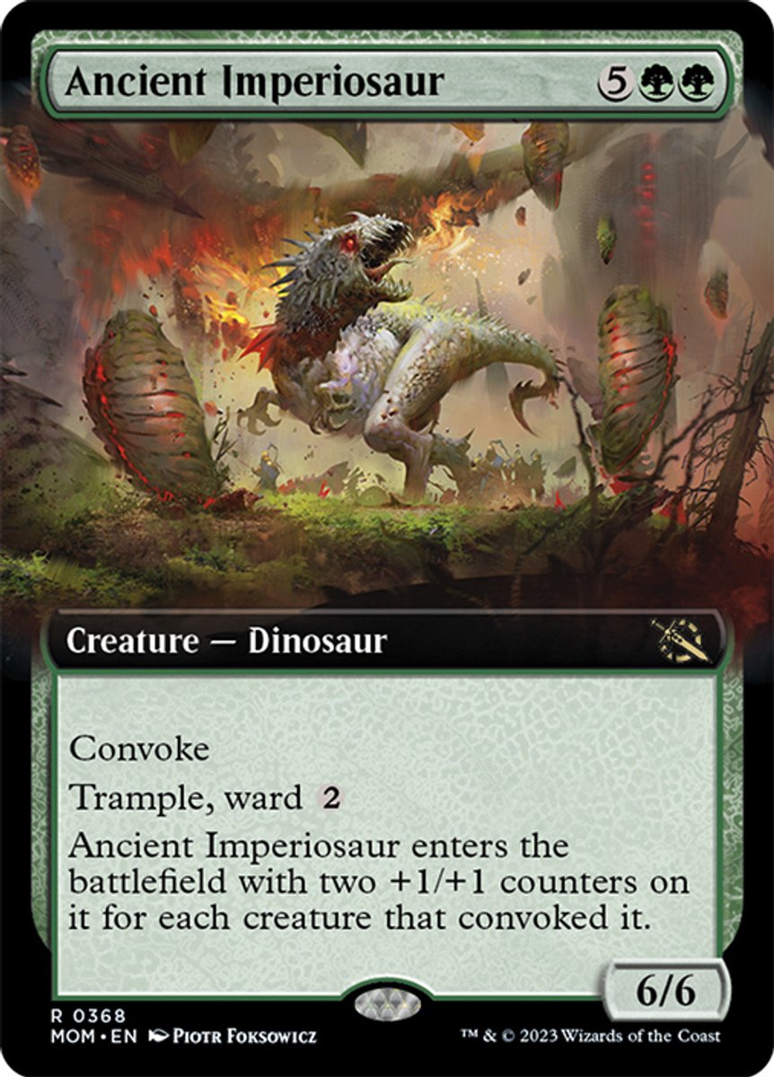 Sorcery_Speed's tweet photo. What are some cards you are excited for from #MTGMOM? 

With how easy it is to go wide in Green, I think this guy, a 20/20 Trampler (with Ward 2) for potentially 0 mana spent seems REAL good in multiple formats...jump in and grab your copies now before the inevitable price spike! https://t.co/lMxCkLJXiF