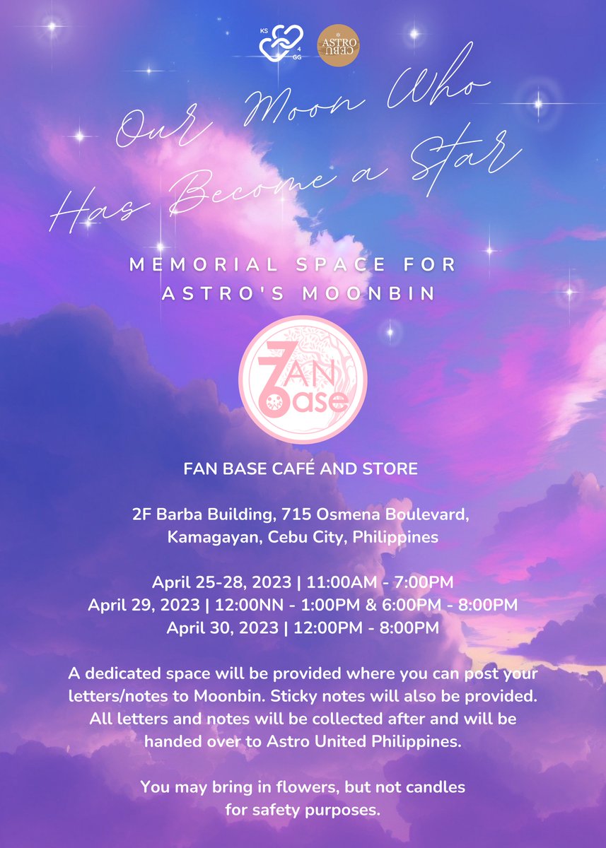 KPOPSTANS4GG's tweet photo. 📍FAN BASE CAFÉ AND STORE
2F Barba Building, 715 Osmena Boulevard,
Kamagayan, Cebu City, Philippines

April 25-28, 2023 | 11:00AM - 7:00PM
April 29, 2023 | 12:00NN - 1:00PM &amp; 6:00PM - 8:00PM
April 30, 2023 | 12:00PM - 8:00PM

Read poster for details. https://t.co/csthAU03Or