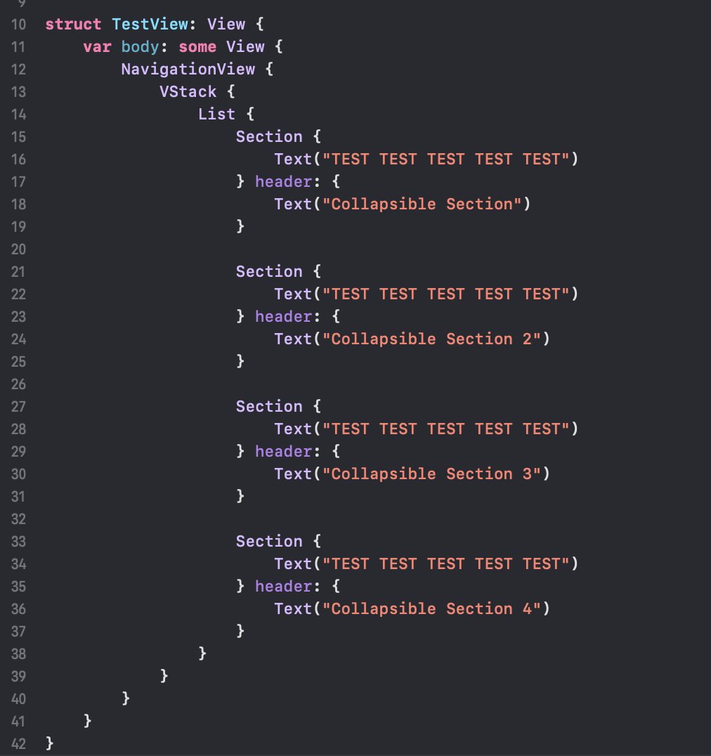 _cesarlopezt's tweet photo. Do any of you know why in SwiftUI you get a collapsible section when you put a Section inside List inside a VStack inside a NavigationView? and why does it only work in that order? I love it and I'm using it but seems odd, is there a modifier for that? #iOSDev #swift #swiftui https://t.co/YohzhnJ6LS