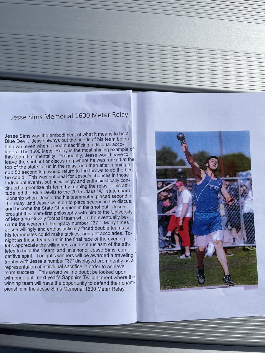 FrankGogola's tweet photo. Corvallis is honoring the late Jesse Sims, a former Blue Devils athlete and Montana Grizzlies football player who wore the No. 37 legacy jersey, with the "Jesse Sims Memorial 1600-meter relay" at its annual Sapphire Twilight Invitational track and field meet. #mtscores #GrizFB https://t.co/OQ7ILeidUO