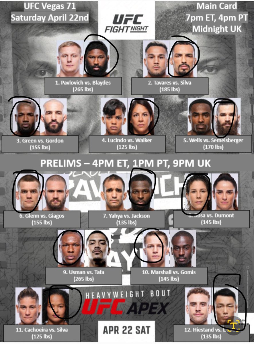 SlickpicksC's tweet photo. @RainManMMA Here are my leans as of now, might change a little bit by end of week but some of these fights I love https://t.co/9Y42ZsohFc