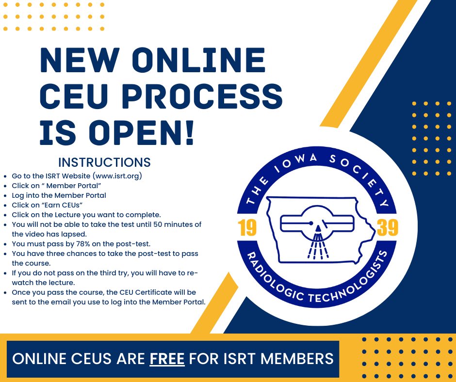ISRT1895's tweet photo. Our new online CEU process is now OPEN! Instructions for how to access the new process are in the graphic below. 
Online CEUs are FREE for ISRT members! #isrt https://t.co/5qrowDIyQc