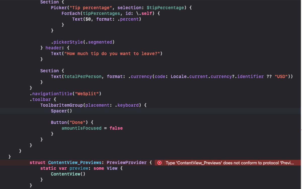 Abs14Bailey's tweet photo. 🎉 I just finished Day 17 of the #100DaysOfSwiftUI at https://t.co/6271dK6lLu via @twostraws 

Why am I getting this error?
- Type 'ContentView_Previews' does not conform to protocol 'PreviewProvider' https://t.co/4Cvo2aQF4G