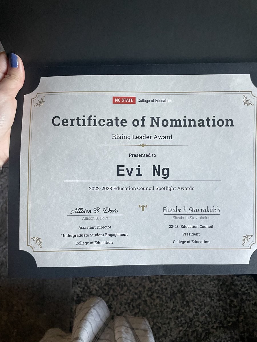 evelyngng's tweet photo. Tonight I received a nomination for the Rising Leader Award at the 2022-2023 @NCStateCED Education Council Spotlight Awards! I am so grateful for the nomination and the recognition along with some of my amazing peers! ❤️

#ncstate #ncstateced https://t.co/qpu0h0NRGK