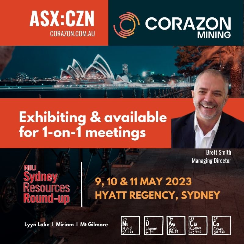 corazonmining's tweet photo. MD Brett Smith will be exhibiting #CorazonMining
at the upcoming @VEvents_RIU #Sydney #Resources Round-Up | 3-day Conference starting 9 May
For a 1-on-1 meeting, Email | evy@resolveir.com
Details | https://t.co/QRWAsFafCZ
#asx $CZN #criticalminerals #batterymetals https://t.co/tiNaqscSJW