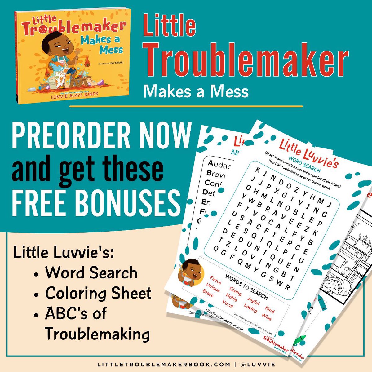 Little Luvvie’s activities are adorable and a really fun time for you and your little ones! 🤗

So place an order for #LittleTroublemaker anywhere you love to grab books, and then go download these FREE worksheets at  LittleTroublemakerBook.com ⤵️