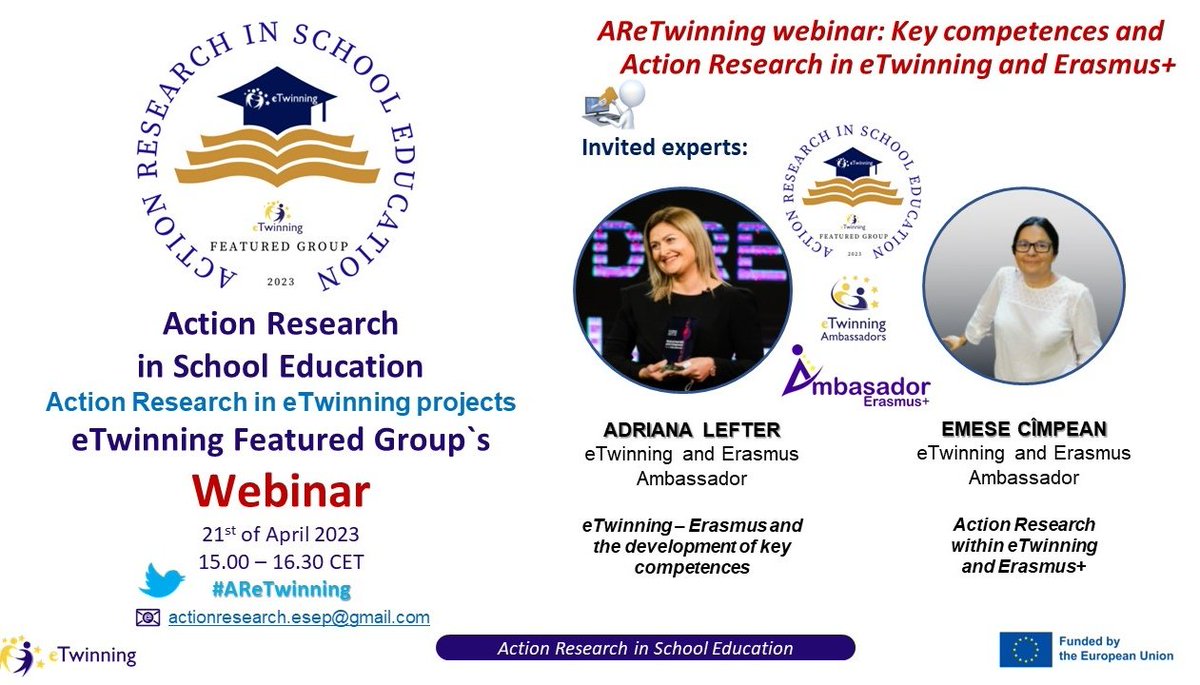 #AReTwinning webinar (21st of April 2023): Key competences and Action Research in eTwinning and Erasmus+
Register in advance for this meeting:
⬇️
tinyurl.com/mjhpv632 #ActionResearchInSchoolEducation