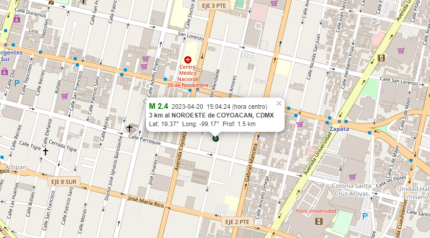 SSN calcula magnitud en 2.4 con epicentro cercano al cruce de Félix Cuevas y Av. Coyoacán.

Foco a solo 1 km de profundidad (muy superficial), razón por la cual en la zona del epicentro se reportó percepción fuerte. 

#SismoCDMX